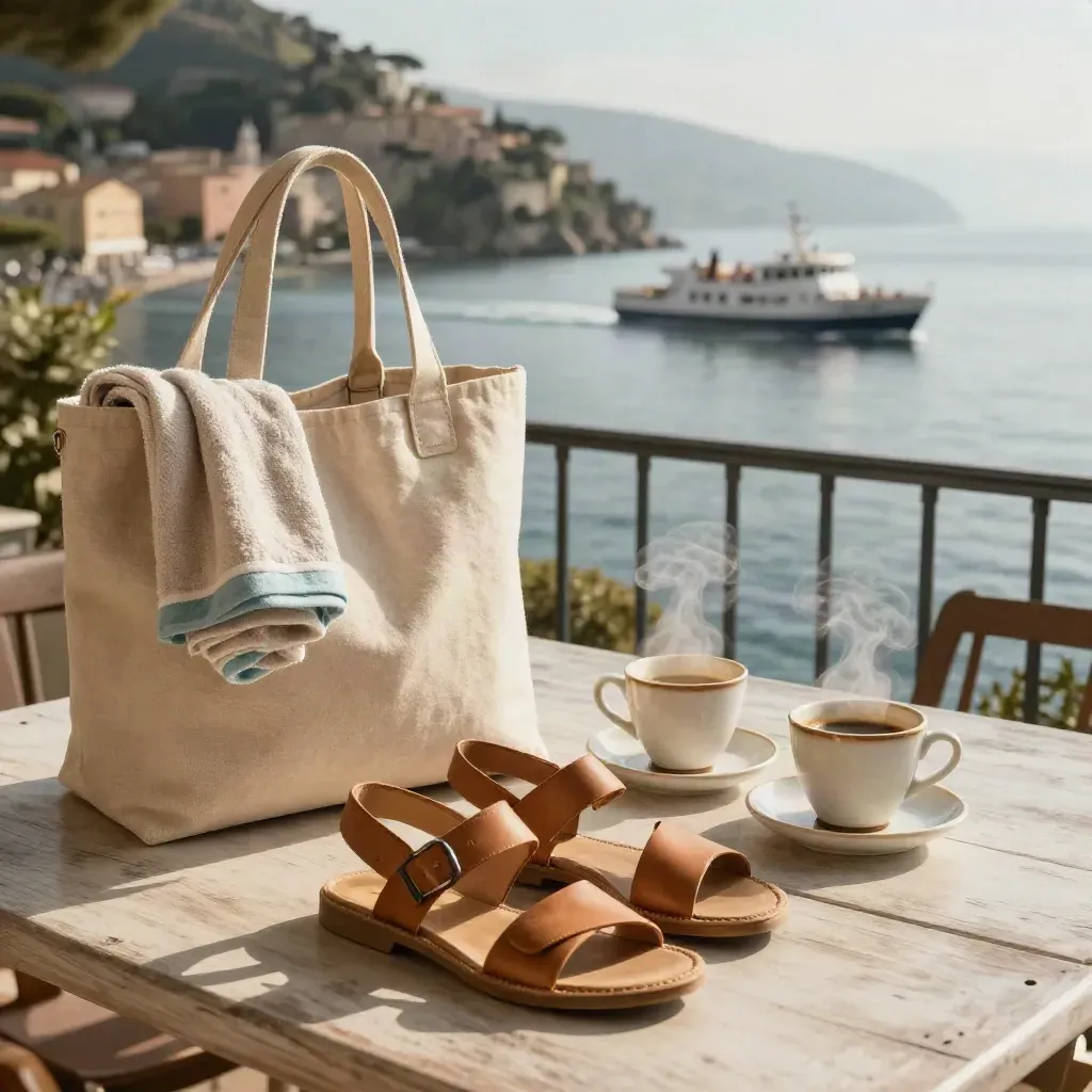 Terrazza colazione sul mare con borsa in tela, sandali, tazzine di caffè e traghetto lontano.