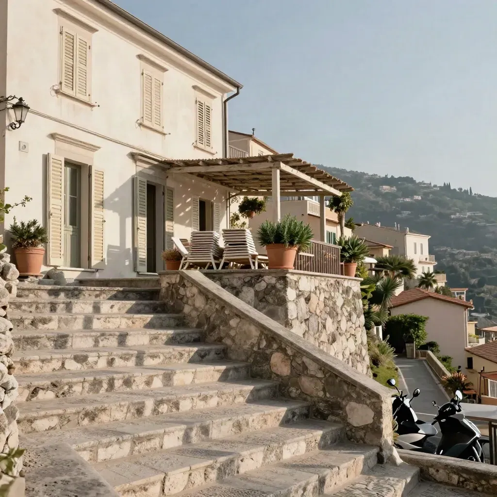 Hotel a terrazze sopra Capoliveri con persiane aperte, sdraio e scooter sotto la strada.