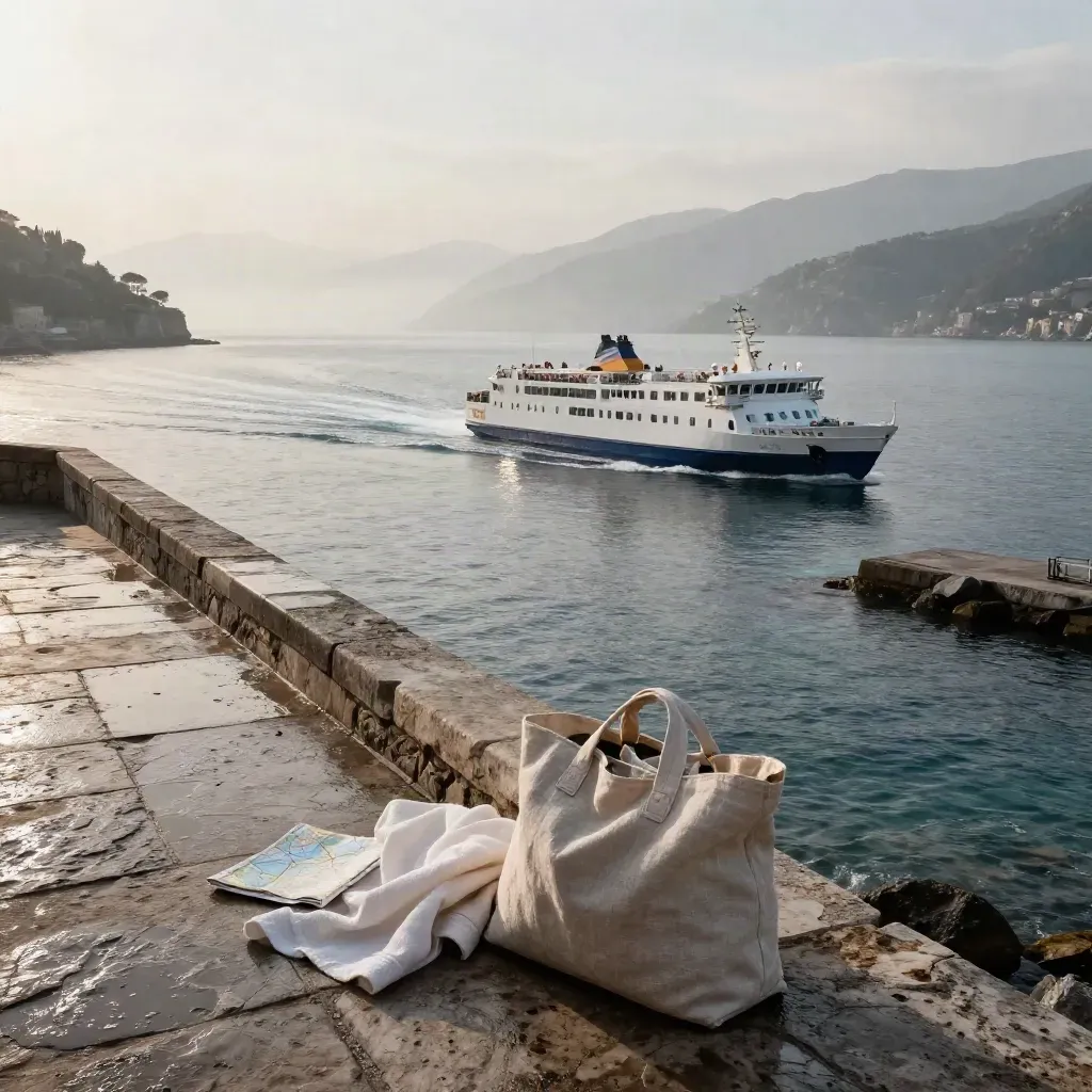 Baia di Portoferraio all’alba con traghetto bianco, molo in pietra e mare velato.