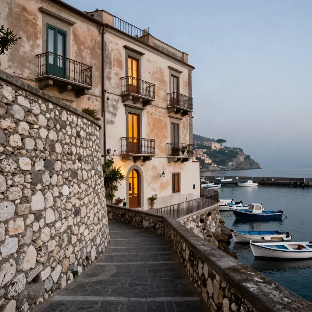 Facciata di hotel a Portoferraio al crepuscolo, finestre accese e barche nel porto.