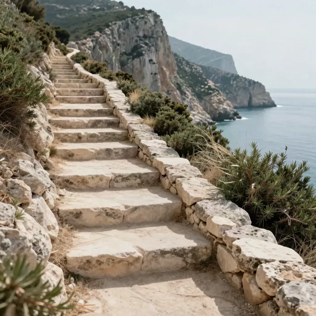 Sentiero a gradoni sopra la costa con ginepri e calette sul mare.
