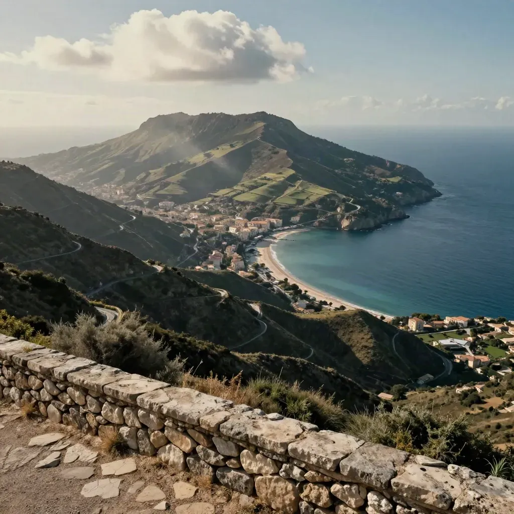 Panorama di Elba con porto, cale e strade collinari sotto l’ombra di una nube.