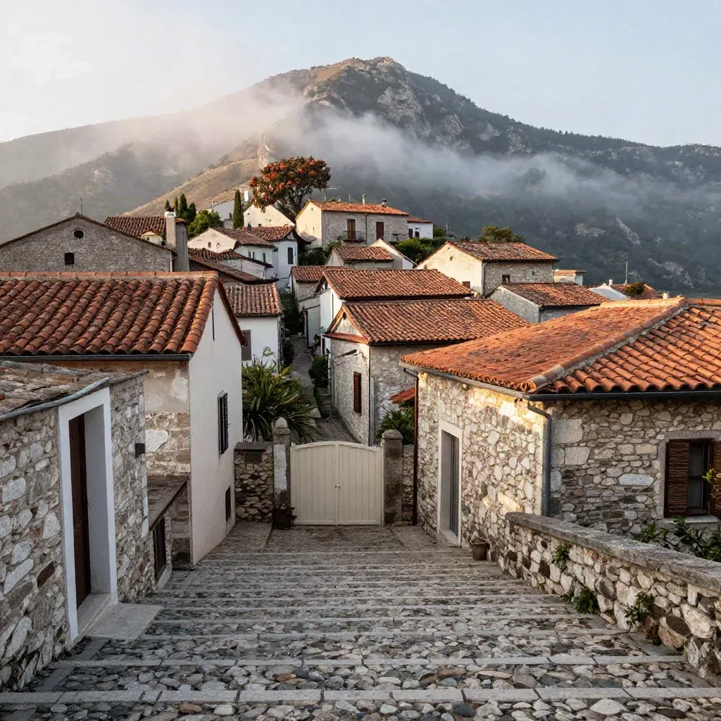 Scalinata in pietra a Marciana, case e sentiero verso il Monte Capanne nella nebbia.