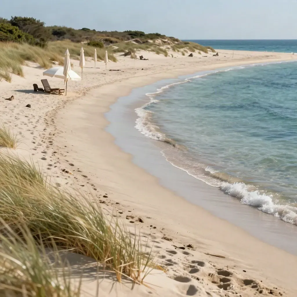 Spiaggia di Procchio con dune, ombrelloni chiusi e onda sottile sulla battigia.