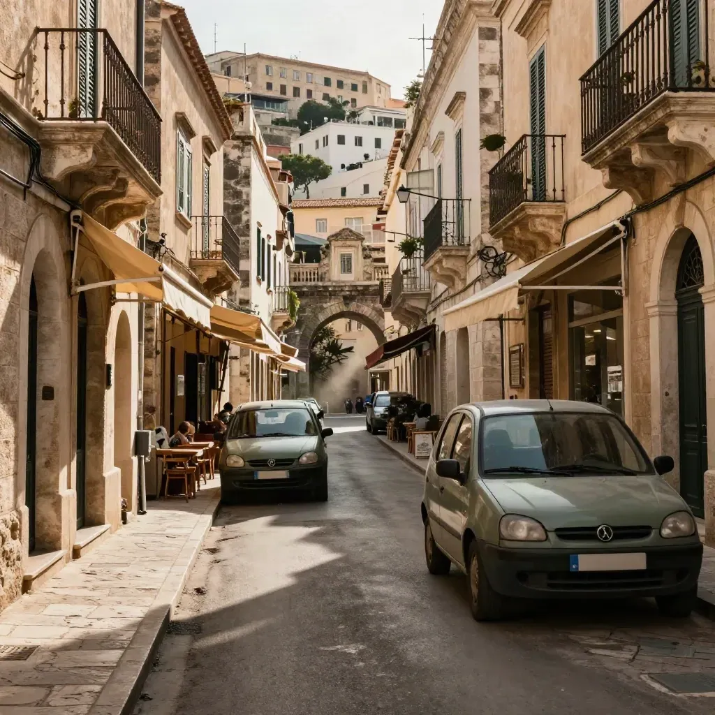 Via di Portoferraio al tramonto con auto parcheggiate, facciate in pietra e bar all'ombra.