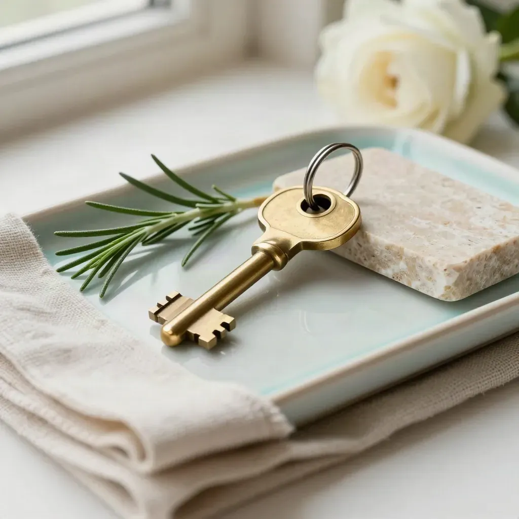Chiave d’albergo in ottone su tovagliolo di lino con vassoio ceramico e rosmarino.