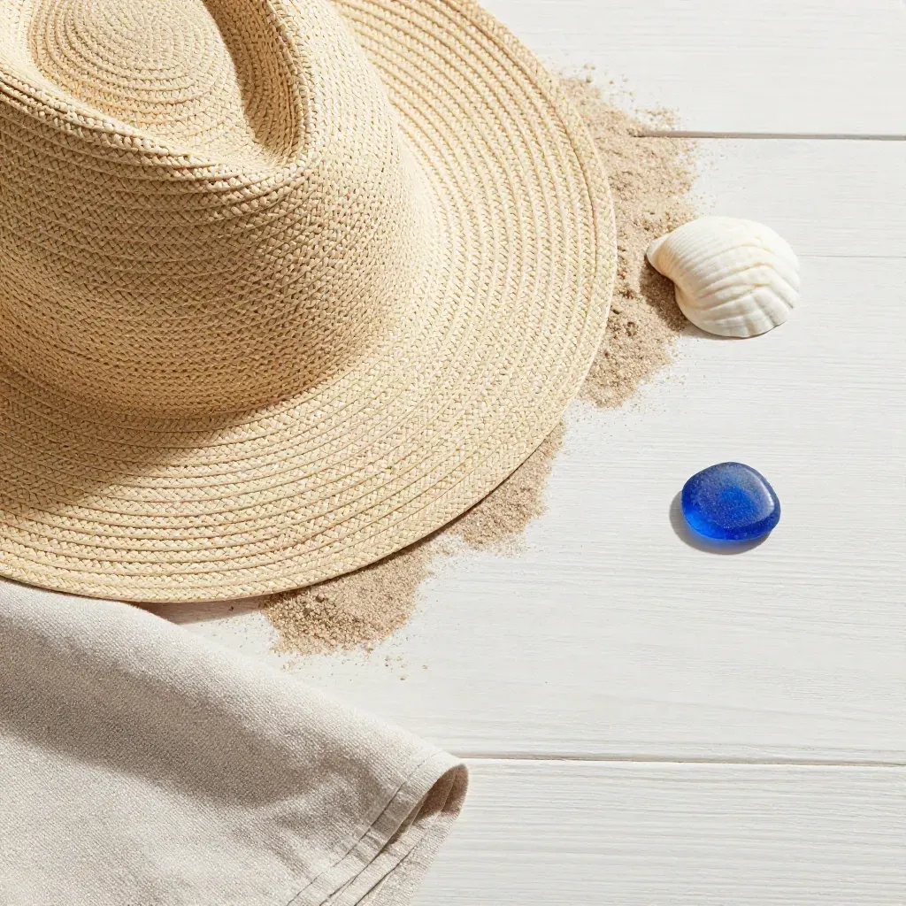 Cappello di paglia, lino, conchiglia e vetro di mare su legno chiaro.